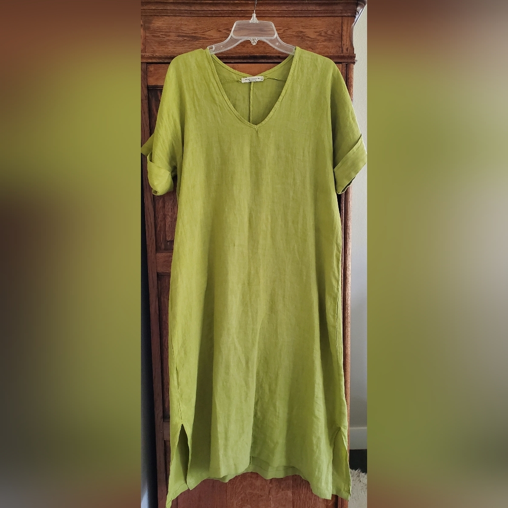 FRANCESCA BETTINI CHARTREUSE 100% LINEN DRESS MADE IN ITALY MEDIUM